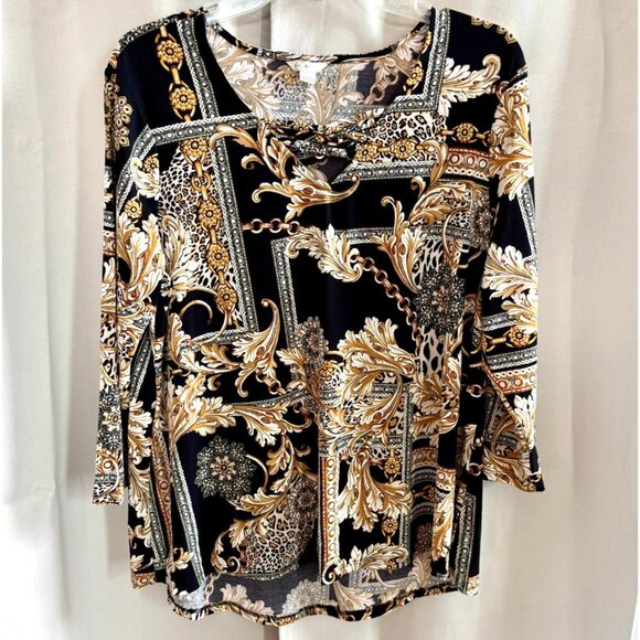 Cato Womens Top Large Equestrian Print Textured Stretch Old Money Floral 17814 - Picture 1 of 9
